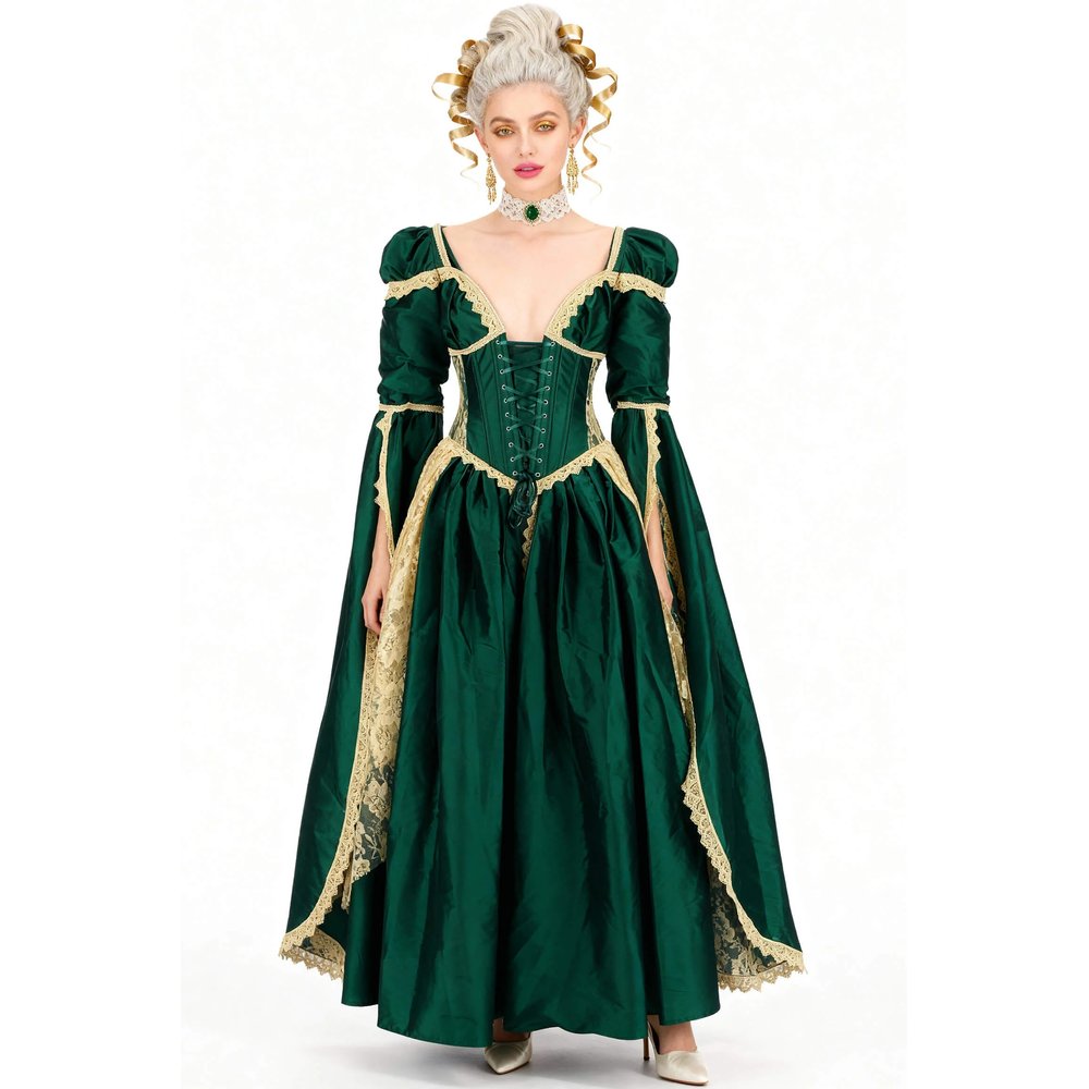 Attitude Corsets - Loriann Rococo Langes Korsett Kleid - Grün/Goldfarben